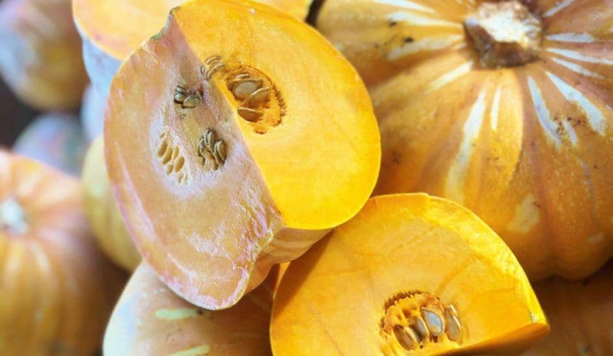 Pumpkins cut open on display